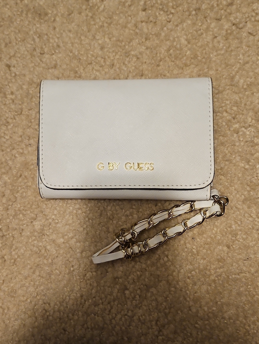 G by Guess White Clutch Wristlet with Gold Chain Accents